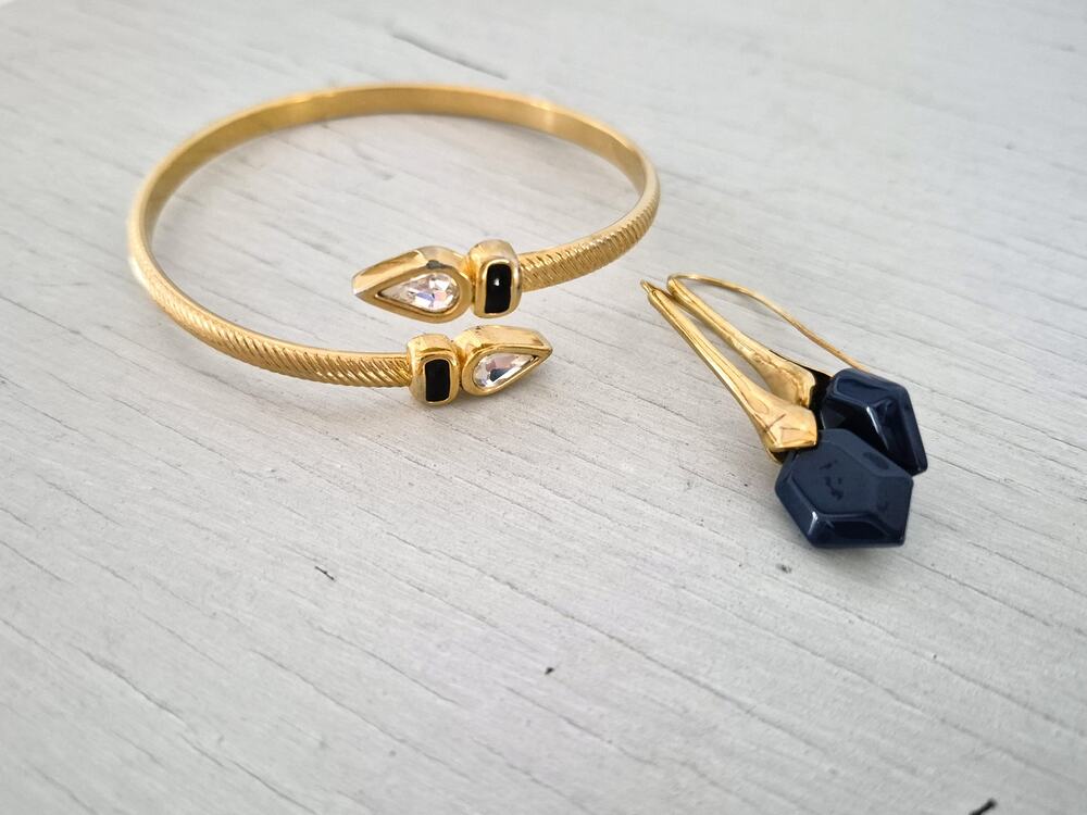 Vintage Gold Tone and Navy Blue Bangle and Earring Set